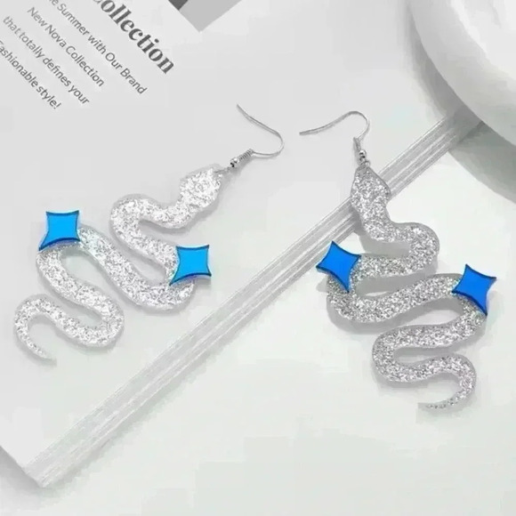 Glittery Silver Snake Oversized Earrings, Festival, Christmas, New Year’s, Party - Picture 2 of 6